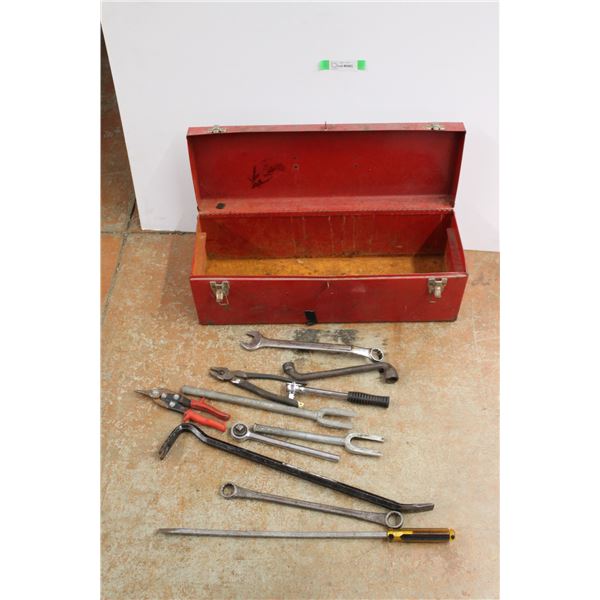 Mastercraft red Tool Box, Tin Snips, (2) Wrenches, Pickle Forks, Flathead Screwdriver, Assorted Tool