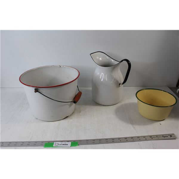 (3) Enamel Items - Mixing Bowl, Pitcher, Pail With Handle