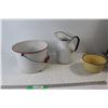 Image 1 : (3) Enamel Items - Mixing Bowl, Pitcher, Pail With Handle