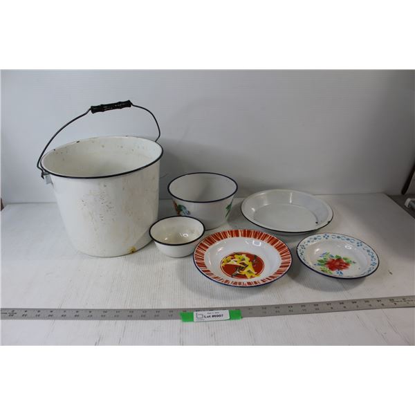 (6) Enamel Items - Pail, (3) Bowls, (2) Plates