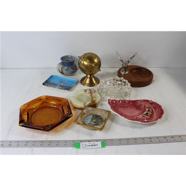(6) Various Ashtrays, Brass Globe with Storage, Ceramic Cup