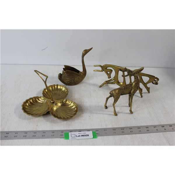 Brass Shell-Form Dish, Brass Deer, Brass Goose, Brass Cave Painting Deer