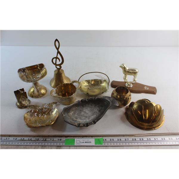 Ash Tray, Bell and Assorted Brass Metal Decorations