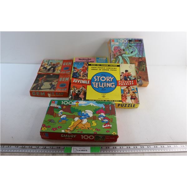 (6) Assorted Jigsaw Puzzles - Smurf, Ghostbusters and Story Telling, 200 and 100pc