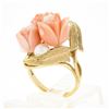 Image 9 : Vintage 14K Gold Carved Angel Skin Coral Pearl Rose Flower Bouquet Cocktail Ring