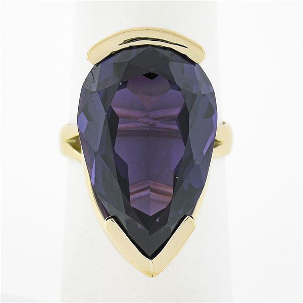 14k Yellow Gold Large Pear Cut Half Bezel Purple Stone Solitaire Cocktail Ring