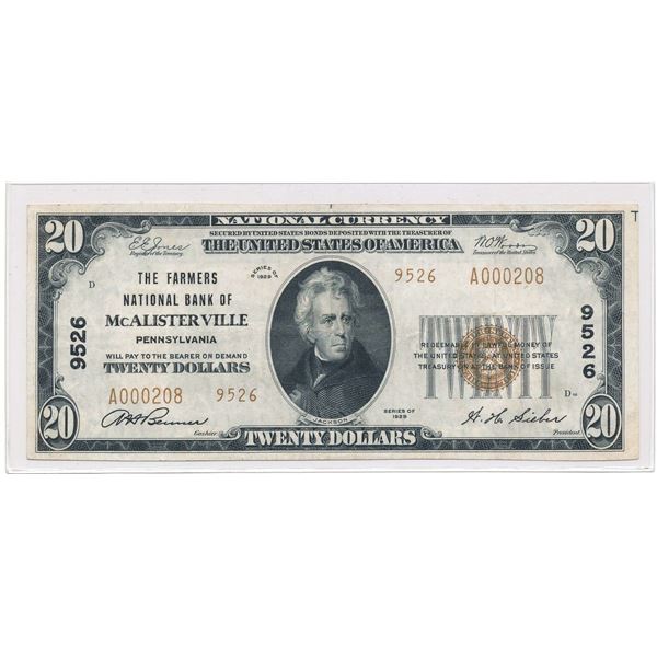 1929 The Farmer's National Bank Of McAlisterville Pennsylvania $20 Note