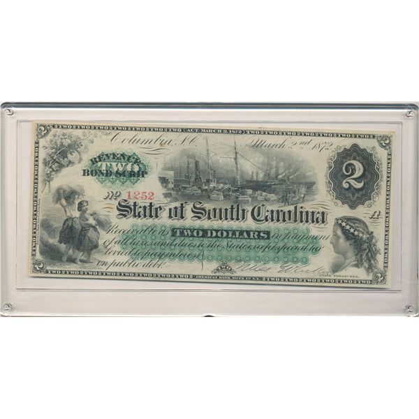 Rare 1872 State Of South Carolina $2 Note