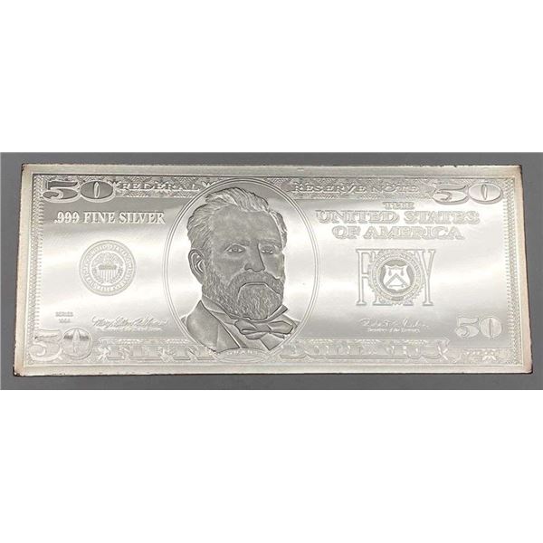 United States $50 Federal Reserve Note Design 4 ozt .999 Silver Bar