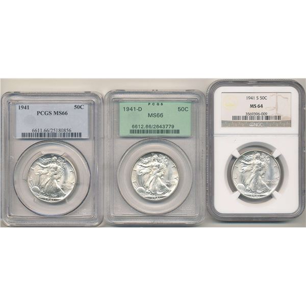 (3) 1941-P/D/S Walking Liberty Silver Half Dollar PCGS/NGC MS64-MS66