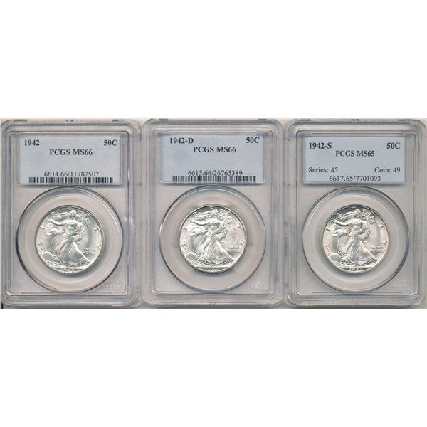(3) 1942-P/D/S Walking Liberty Silver Half Dollar PCGS MS65-MS66