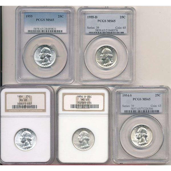 (5) 1954-1955-P/D/S Washington Silver Quarter NGC/PCGS MS65