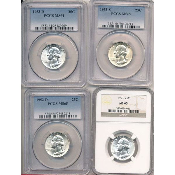 (4) 1952-1953-P/D/S Washington Silver Quarters PCGS/NGC MS64-MS65