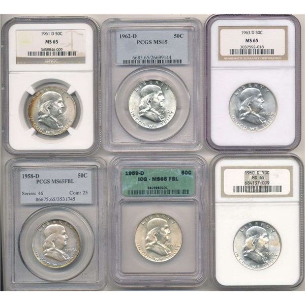 (6) 1958-1963-D Franklin Silver Half Dollars PCGS/NGC/ICG MS65