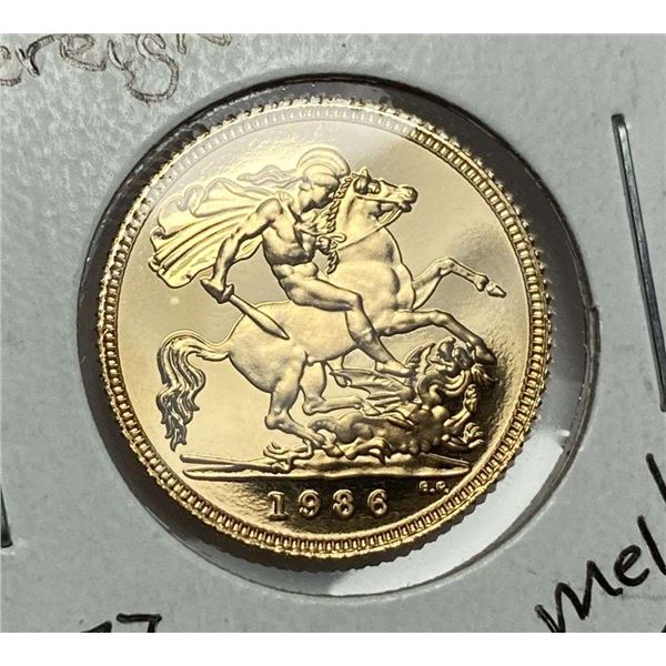 1986 Great Britain Gold 1/2 Sovereign Proof .1177 AGW