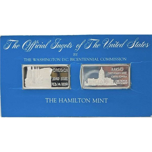 (2) The Hamilton Mint Bicentennial Oregon & Kansas State 1 ozt .999 Silver Bars