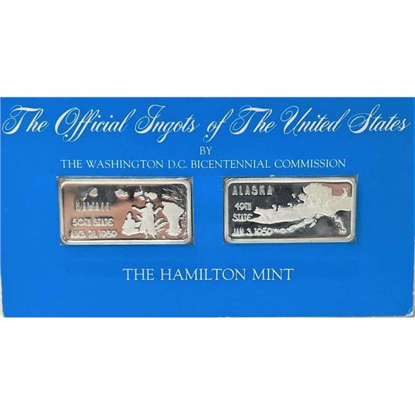 (2) The Hamilton Mint Bicentennial Hawaii & Alaska State 1 ozt .999 Silver Bars