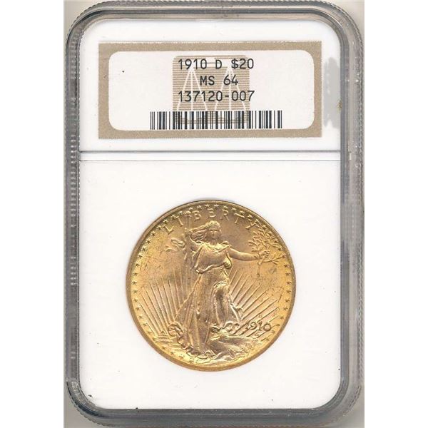 Last Minute! 1910-D Gold $20 Saint Gaudens NGC MS64