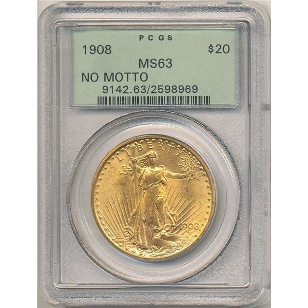 Last Minute! 1908 Gold $20 Saint Gaudens No Motto PCGS MS63 OGH