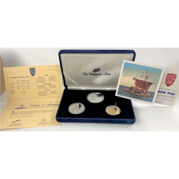 Extremely Rare! 1988 The Singapore Mint Gold/Palladium/Silver 2.265 ozt Proof Kon-Tiki Set