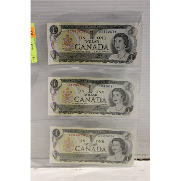 3 SEQUENTIAL 1973 CANADA $1 BILL