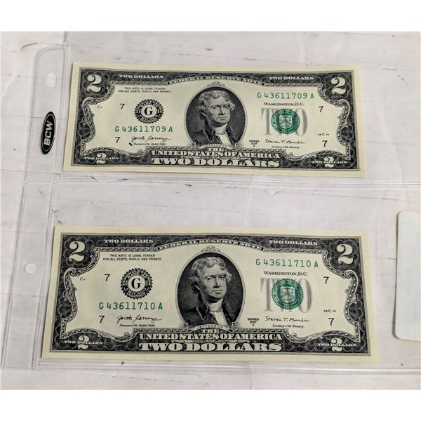2 CONSECUTIVE $2 US NOTES