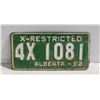 Image 1 : 1962 X-RESTRICTED ALBERTA LICENSE PLATE