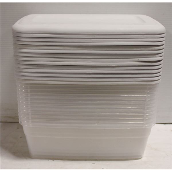 FLAT OF 13 SMALL PLASTIC BINS WITH LIDS