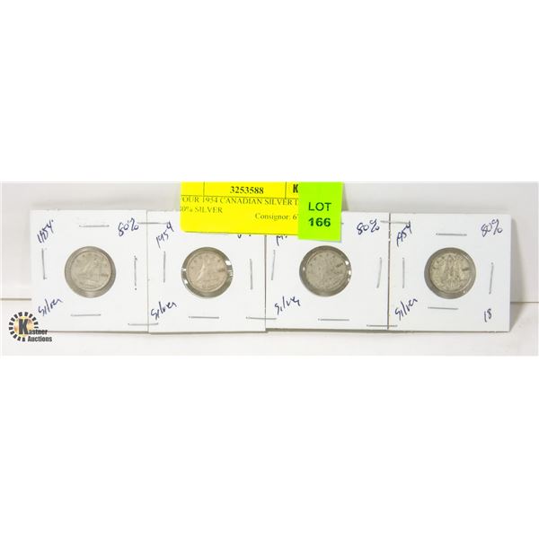 FOUR 1954 CANADIAN SILVER DIMES 80% SILVER