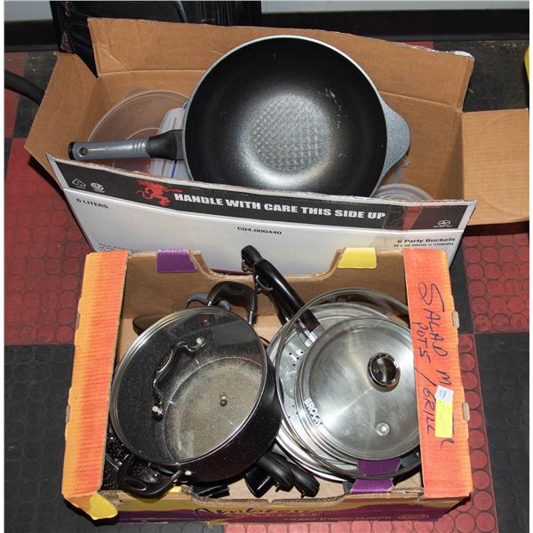BOX OF ESTATE POTS/PANS