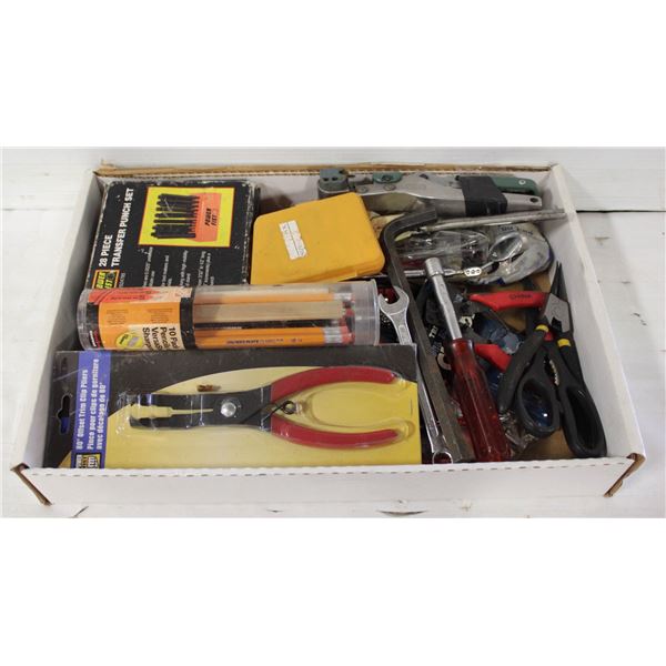 BIN OF CLAMPS, TOOLS, PUNCHES, BITS, & MISC