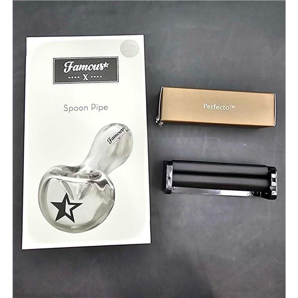 Famous X 4in Spoon Pipe and Perfecto Rolling Machine