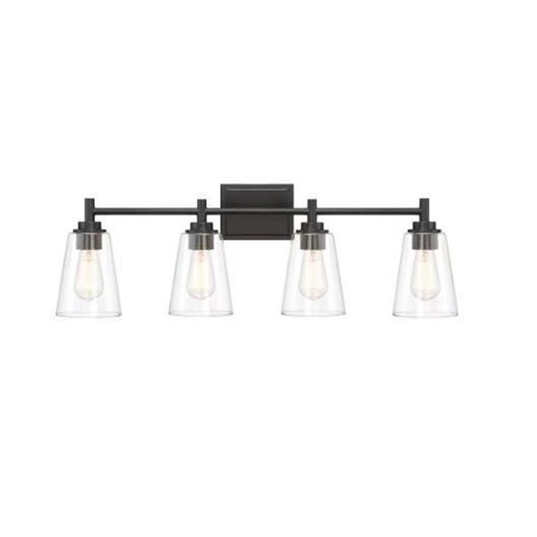 Hampton Bay Wakefield 4-Light Matte Black Modern Contemporary Bathroom Vanity Light with Clear Glass