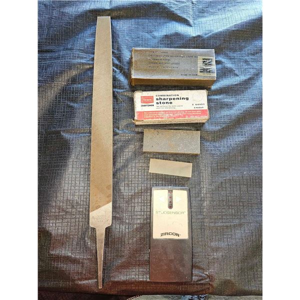 Lot of Assorted Sharpening Stones & Files with & Vintage Stud Finder