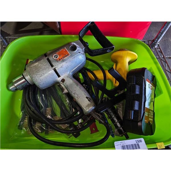 Lot of assorted Hand Tools, Black & Decker 1/2" Reversing Drill, Steel Brushes, Small Ratchet Kit