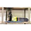 Image 1 : SHELF OF ASSORTED ITEMS INCLUDING; LAUNDRY DETERGENT, UMBRELLA, SKATEBOARD & POTTED PEACOCK