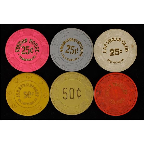 6-PLASTIC CASINO GAMING TOKENS 3-25 CENT, 2-50