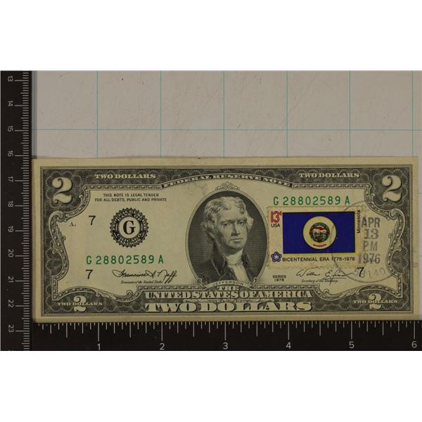 1976 US $2 GREEN SEAL BILL WITH 13 CENT STAMP