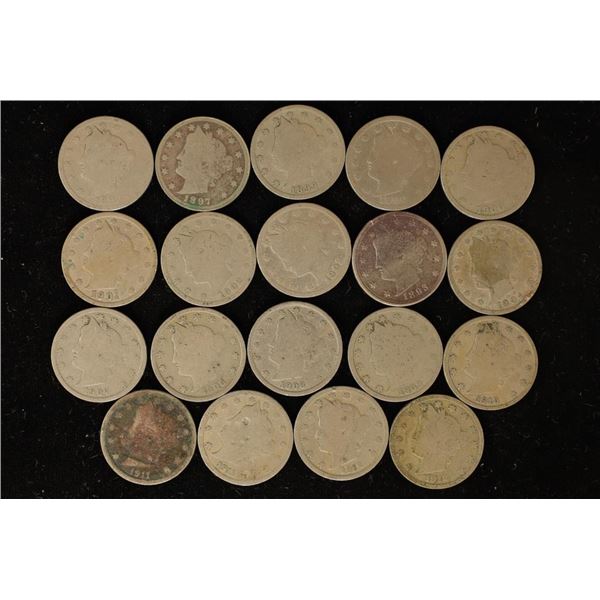 19 ASSORTED LIBERTY "V" NICKELS: 1892-1912