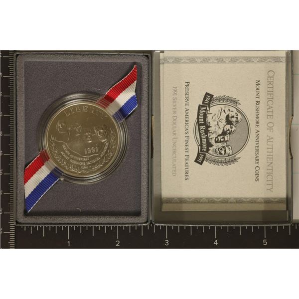 1991-P MT. RUSHMORE UNC US SILVER DOLLAR IN BOX