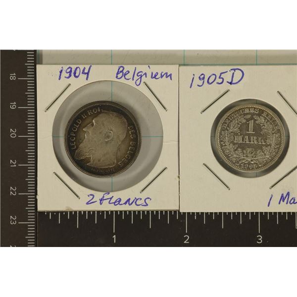 2-SILVER FOREIGN COINS: 1904 BELGIUM 2 FRANCS