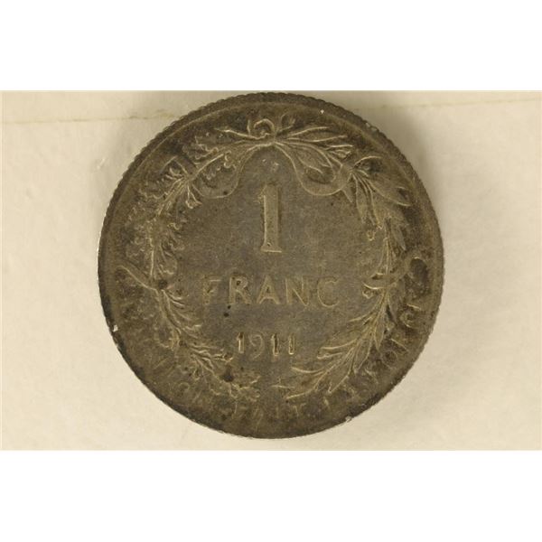 1911 BELGIUM SILVER 1 FRANC .1342 OZ. ASW