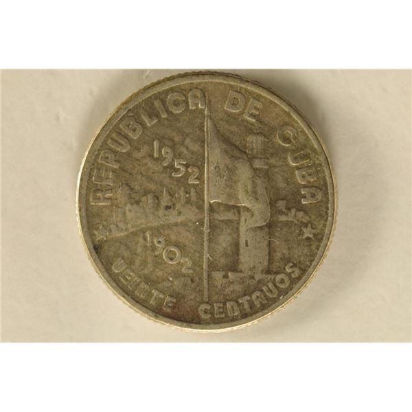 1952 CUBA SILVER 25 CENTAVOS .2894 OZ. ASW