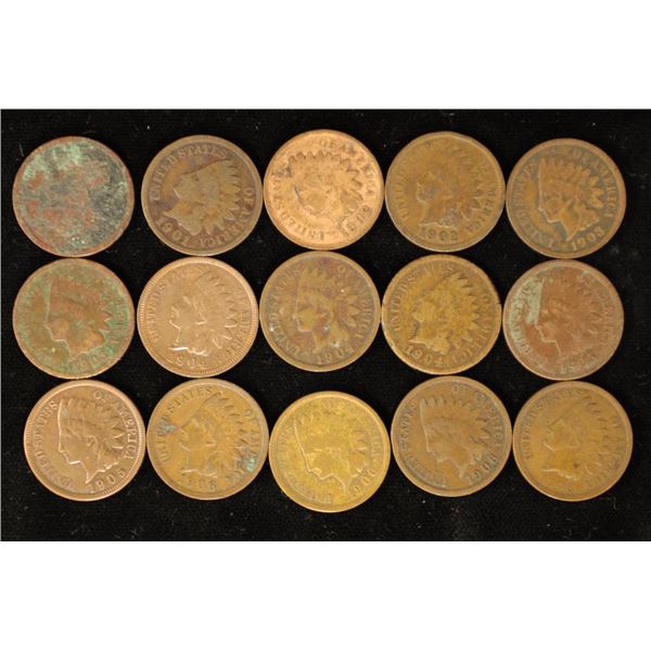 15 ASSORTED INDIAN HEAD CENTS: 1900-1908
