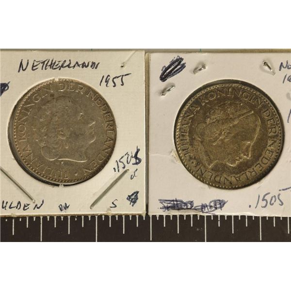 2-1955 NETHERLANDS SILVER 1 GULDEN .301 OZ. ASW