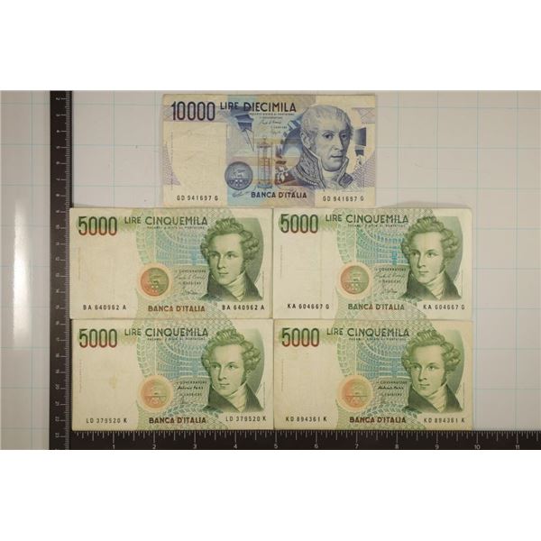 5-ITALIAN BILLS: 4-1985-5000 LIRE & 1-1984-10000