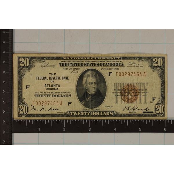 1929 US $20 NATIONAL CURRENCY "ATLANTA" BROWN SEAL
