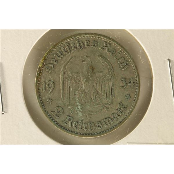 1934-G GERMAN SILVER 2 MARK WITH SWASTIKA