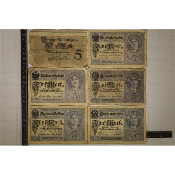 6-GERMAN BILLS: 5-1917 FIVE MARKS & 1-1914 FIVE