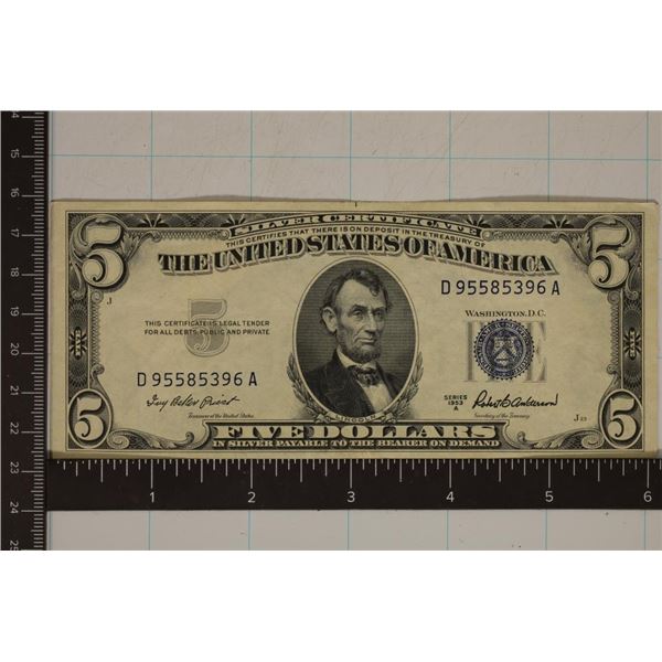 1953-A $5 SILVER CERTIFICATE CRISP UNC BLUE SEAL